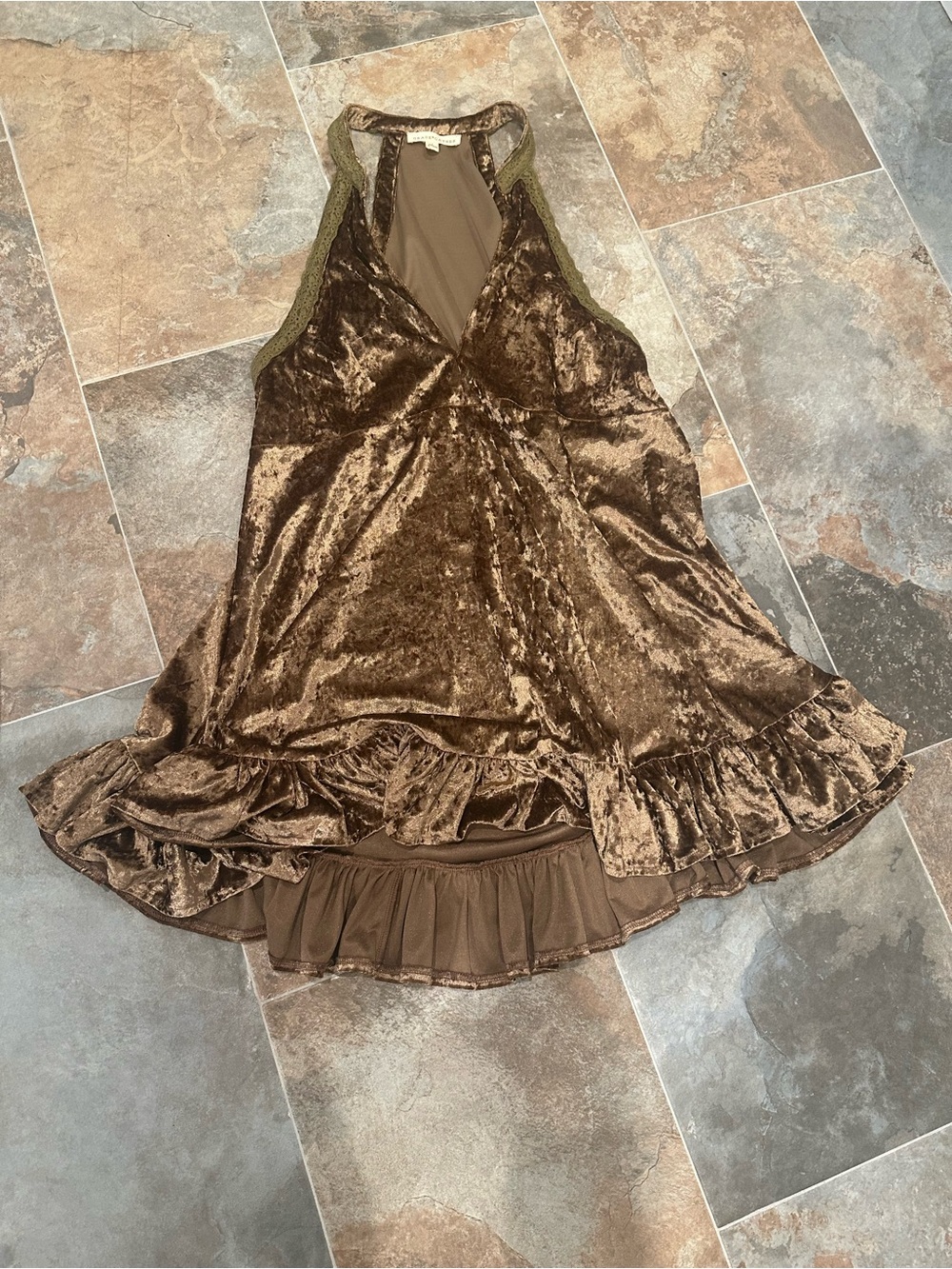 Grade & Gather Bronze Crushed Velvet Halter Dress Boho Ruffle Hem Size L